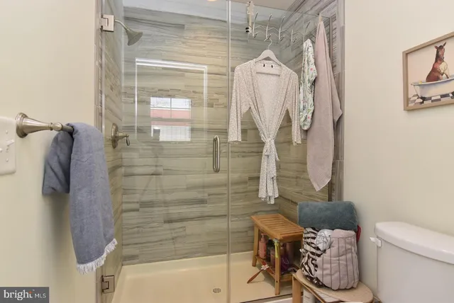 a bathroom with a shower and a toilet