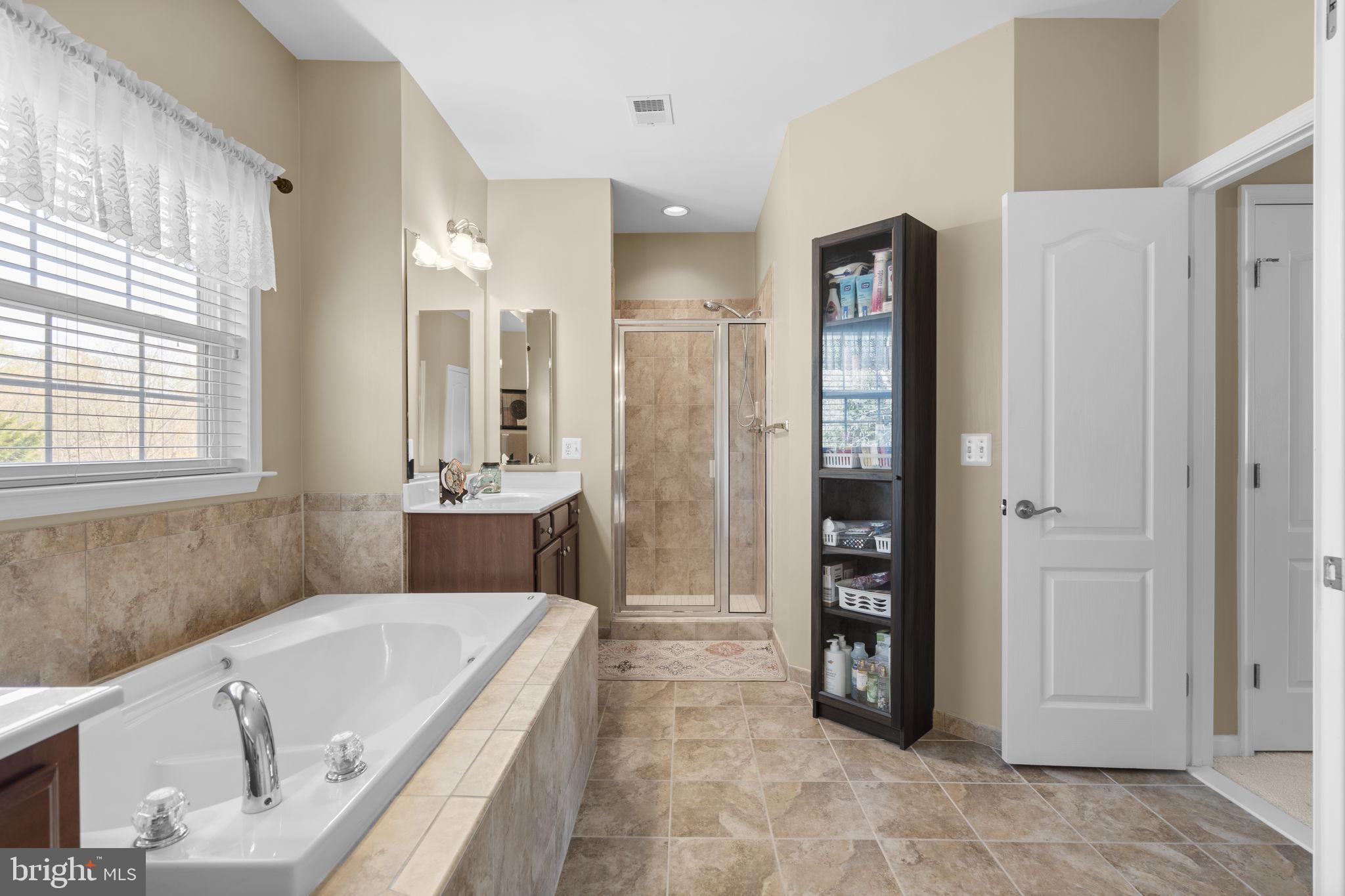 9323 Castle Hill Road Springfield, VA 22153 - Photo 44 of 95 a bathroom with a tub a sink and a large mirror