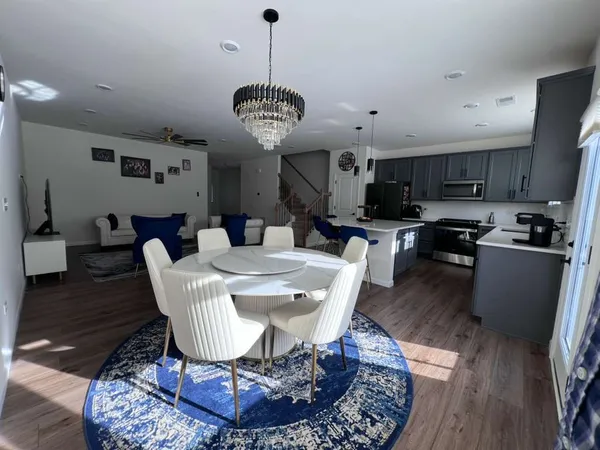 a view of a dining room with furniture