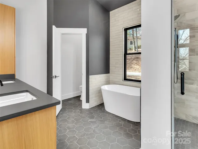 a bathroom with a bathtub