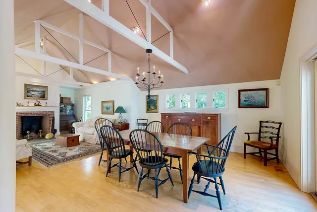 a view of a dining room with furniture