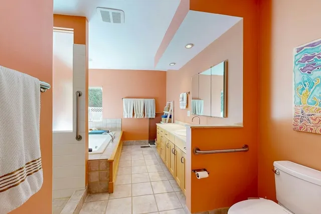 a bathroom with a sink mirror vanity and toilet