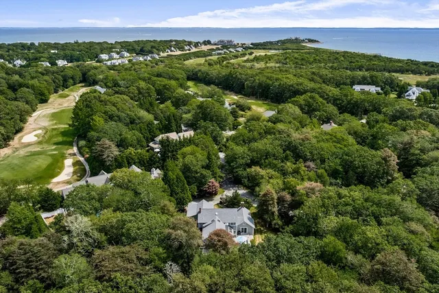 an aerial view of residential houses with outdoor space and swimming pool