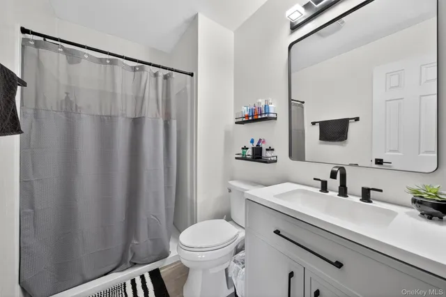 a bathroom with a sink a toilet a mirror and shower curtain