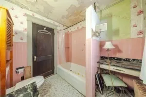 a bathroom with a bathtub and shower