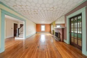 a view of empty room with wooden floor and fireplace