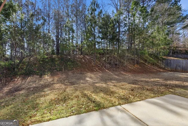 a view of a yard with large trees