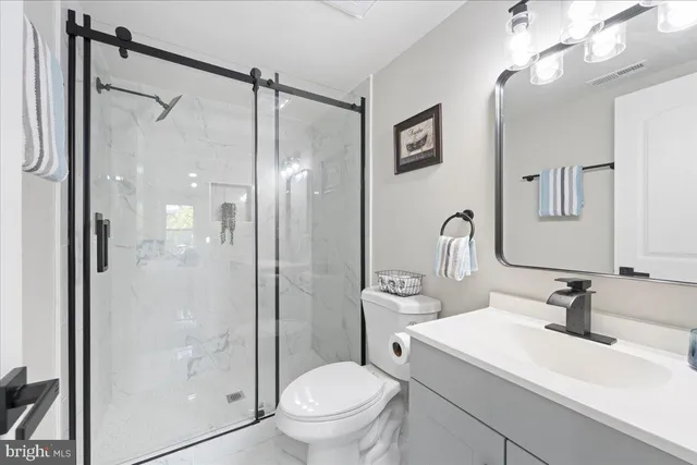 a bathroom with a shower sink vanity mirror and toilet