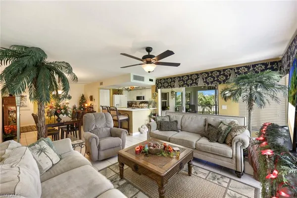 a living room with furniture a rug potted plant and a large window