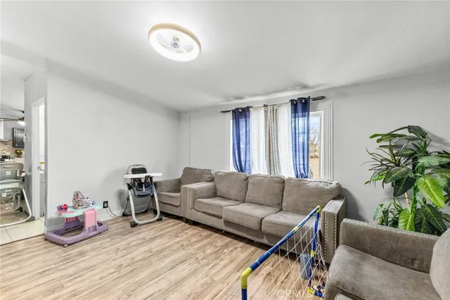 a living room with furniture and a potted plant