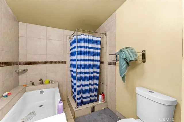 a bathroom with a shower and a toilet