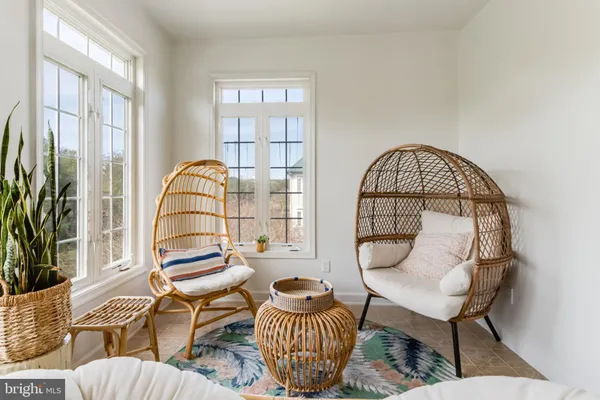 a living room with furniture a table and a potted plant