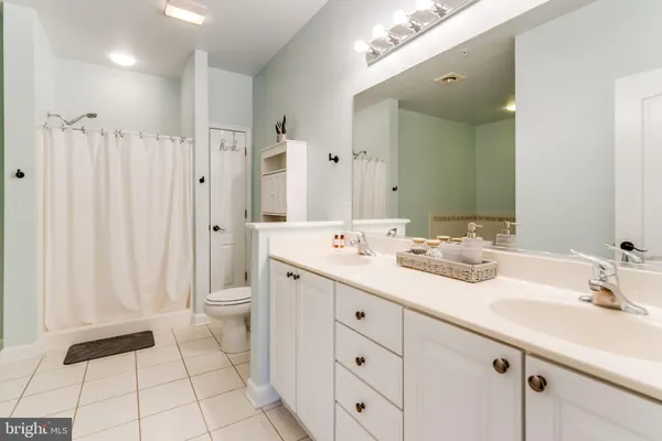 a bathroom with a double vanity sink toilet and a mirror