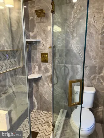 a bathroom with a toilet and a shower