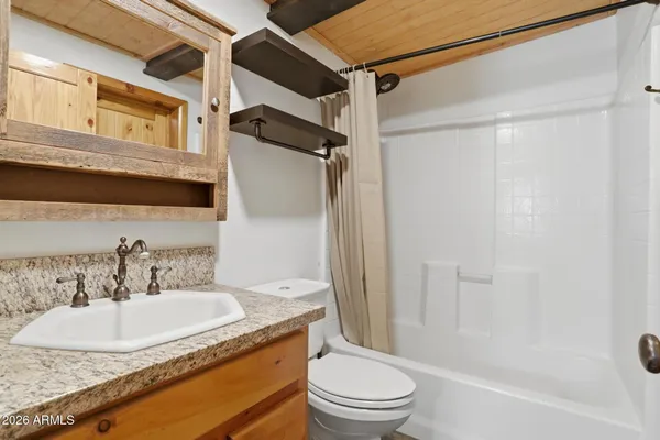 a bathroom with a granite countertop sink toilet and shower