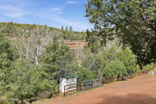 a view of a city with lush green forest