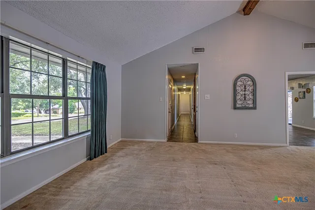 a view of a big room with windows and closet