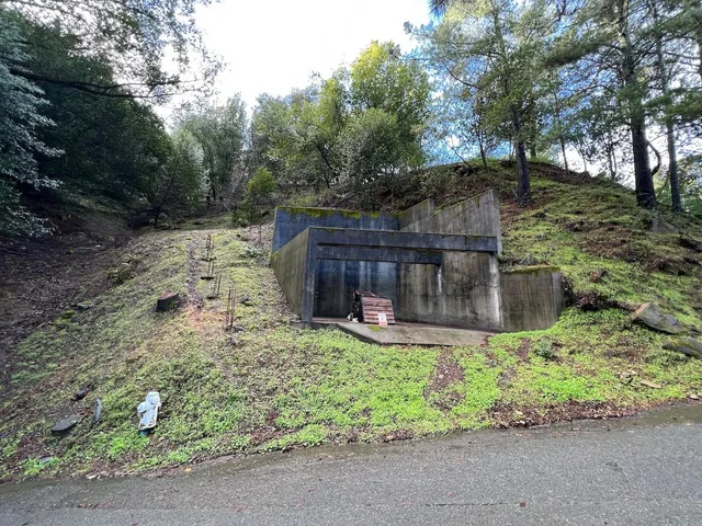 a garden view with a seating space