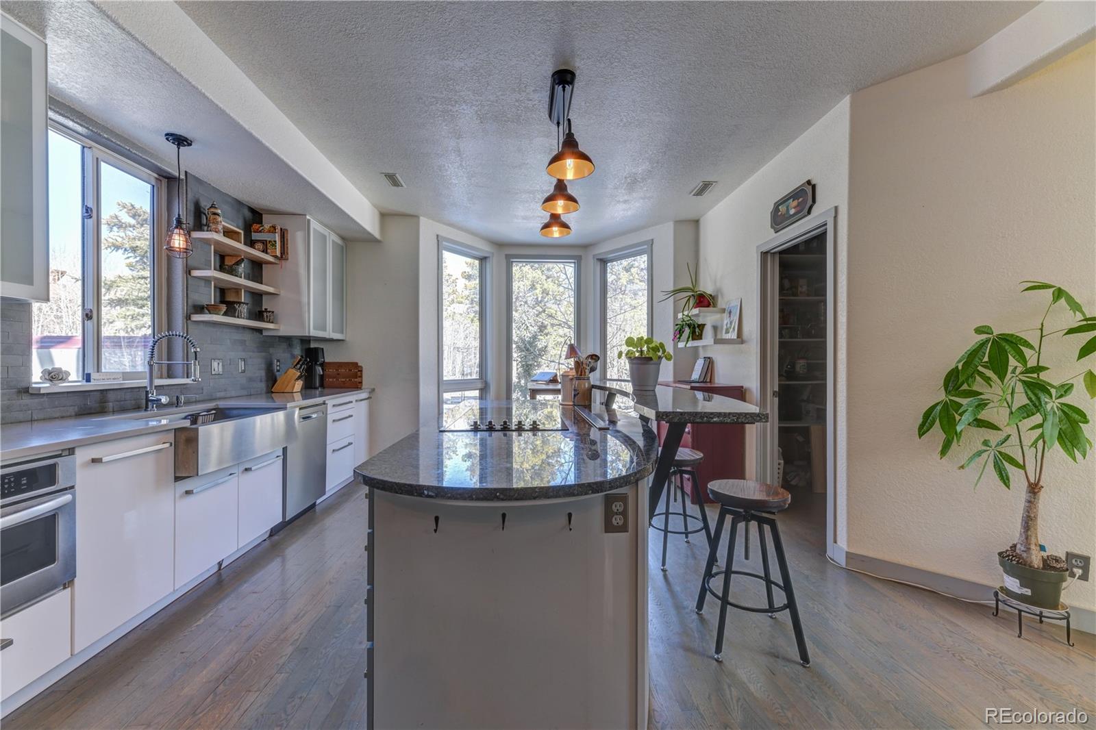 186 Thunder Ridge Road South Nederland, CO 80466 - Photo 41 of 50 a kitchen with stainless steel appliances granite countertop a refrigerator a stove a sink dishwasher and a dining table with wooden floor