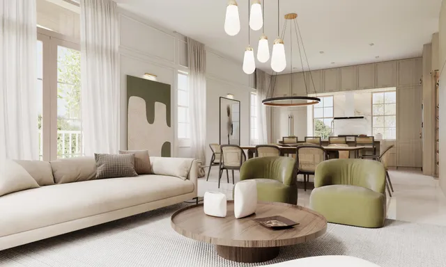 a living room with furniture kitchen and a large window