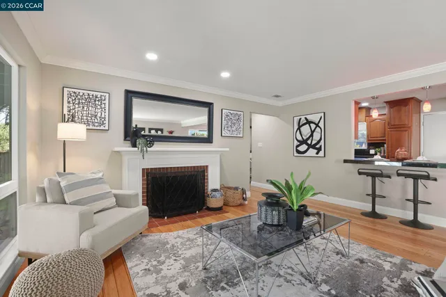 a living room with furniture potted plant and a fireplace