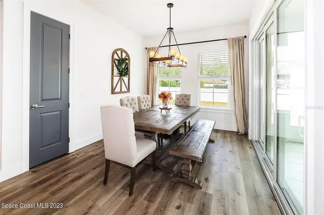 a view of a dining room with furniture window and wooden floor