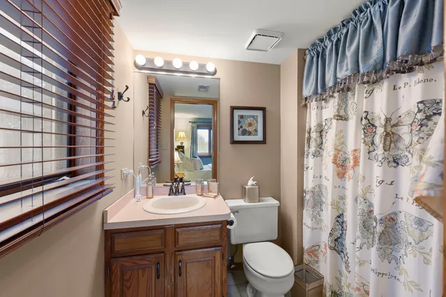 a bathroom with a sink a toilet and shower curtain