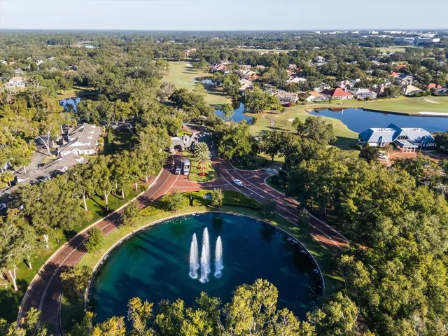 an aerial view of residential houses with outdoor space and trees