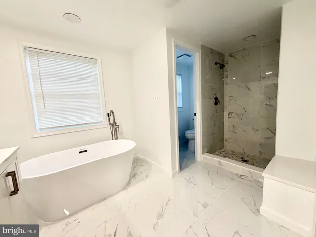 a bathroom with a bathtub and a shower