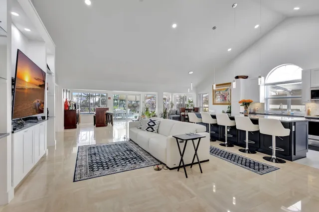 a living room filled with furniture a plant and a window