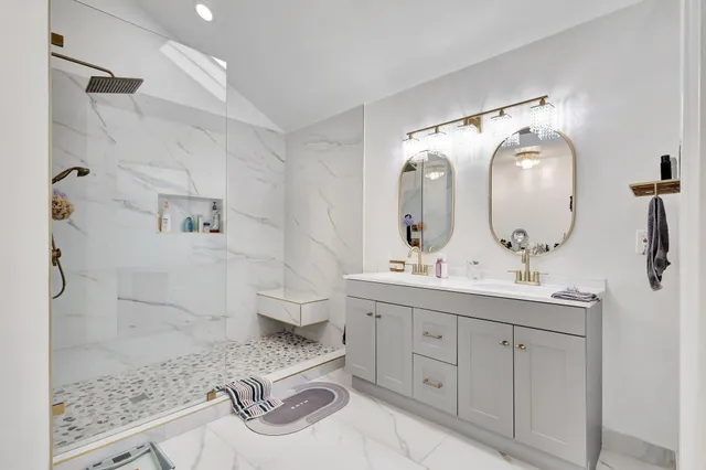 a view of a backyard with swimming pool