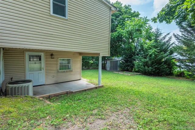 a view of a backyard with plants and large tree