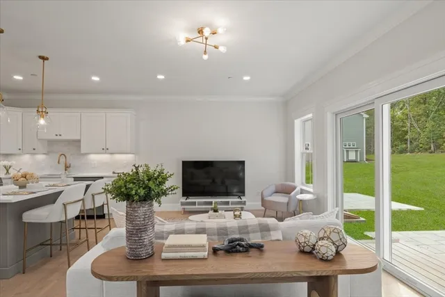 a living room with furniture potted plant and a large window