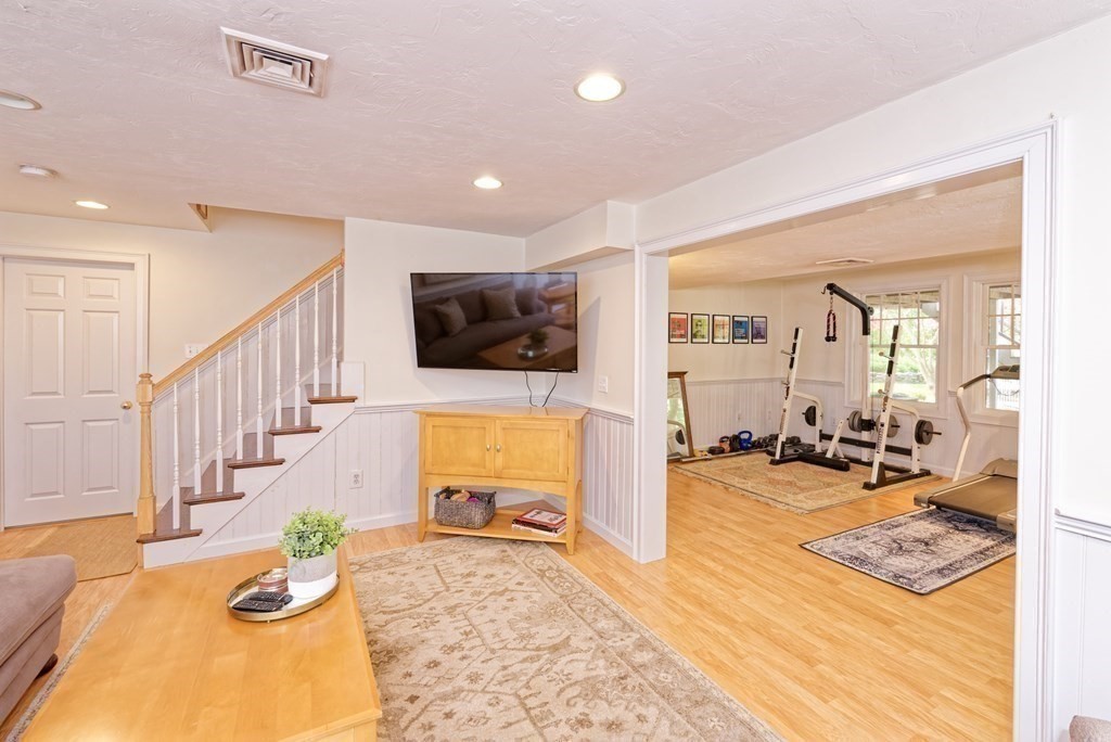 16 Bridle Path Shrewsbury, MA 01545 - Photo 31 of 42 a view of a livingroom with furniture a flat screen tv and staircase
