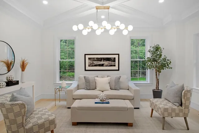 a living room with furniture and a potted plant