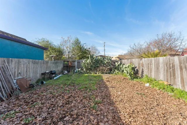 a view of a backyard with plants and wooden fence