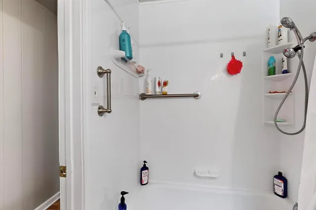 a bathroom with a bath tub