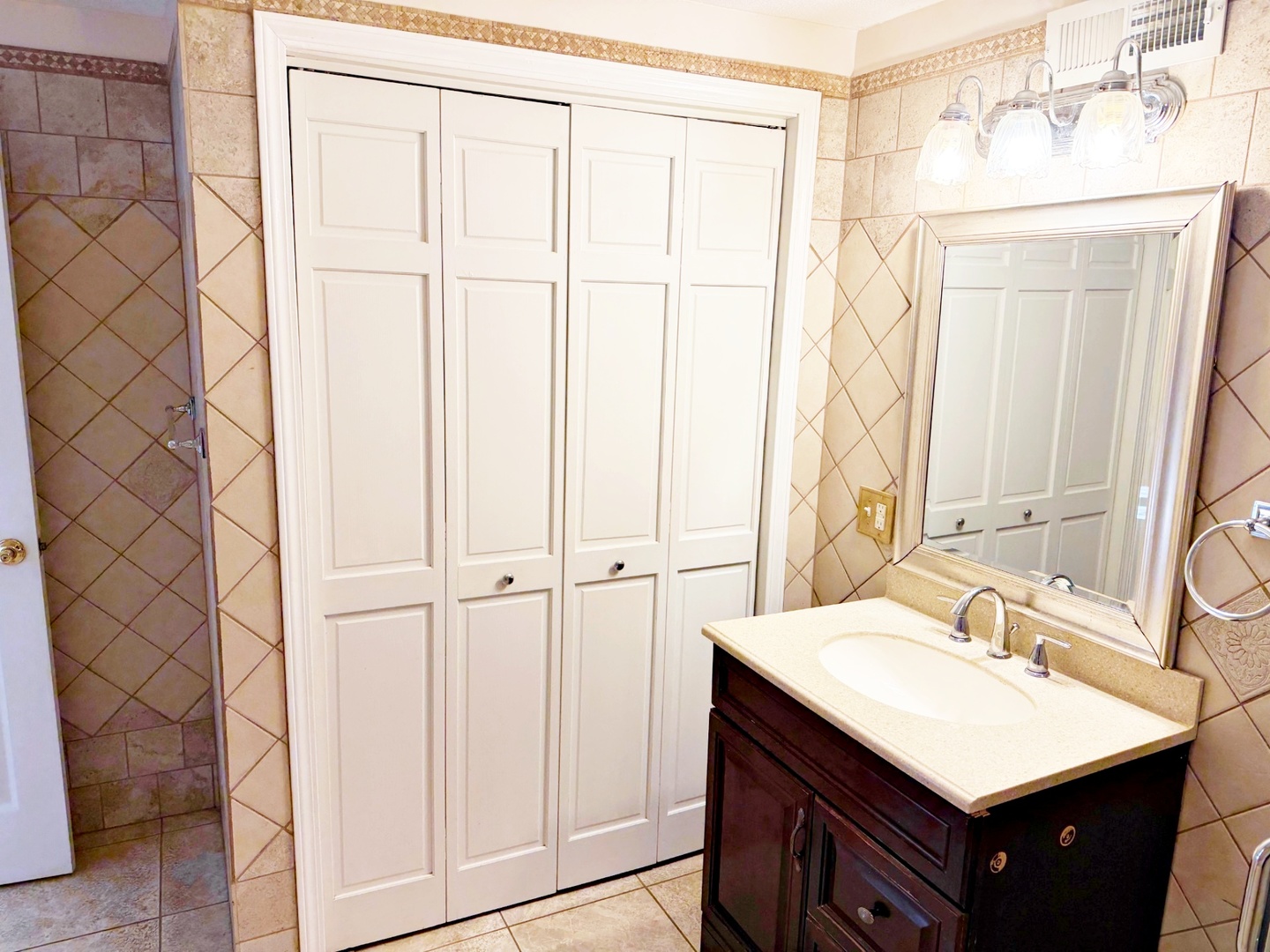 1062 Cedar Lane Metropolis, IL 62960 - Photo 13 of 30 a bathroom with a sink vanity mirror and a shower