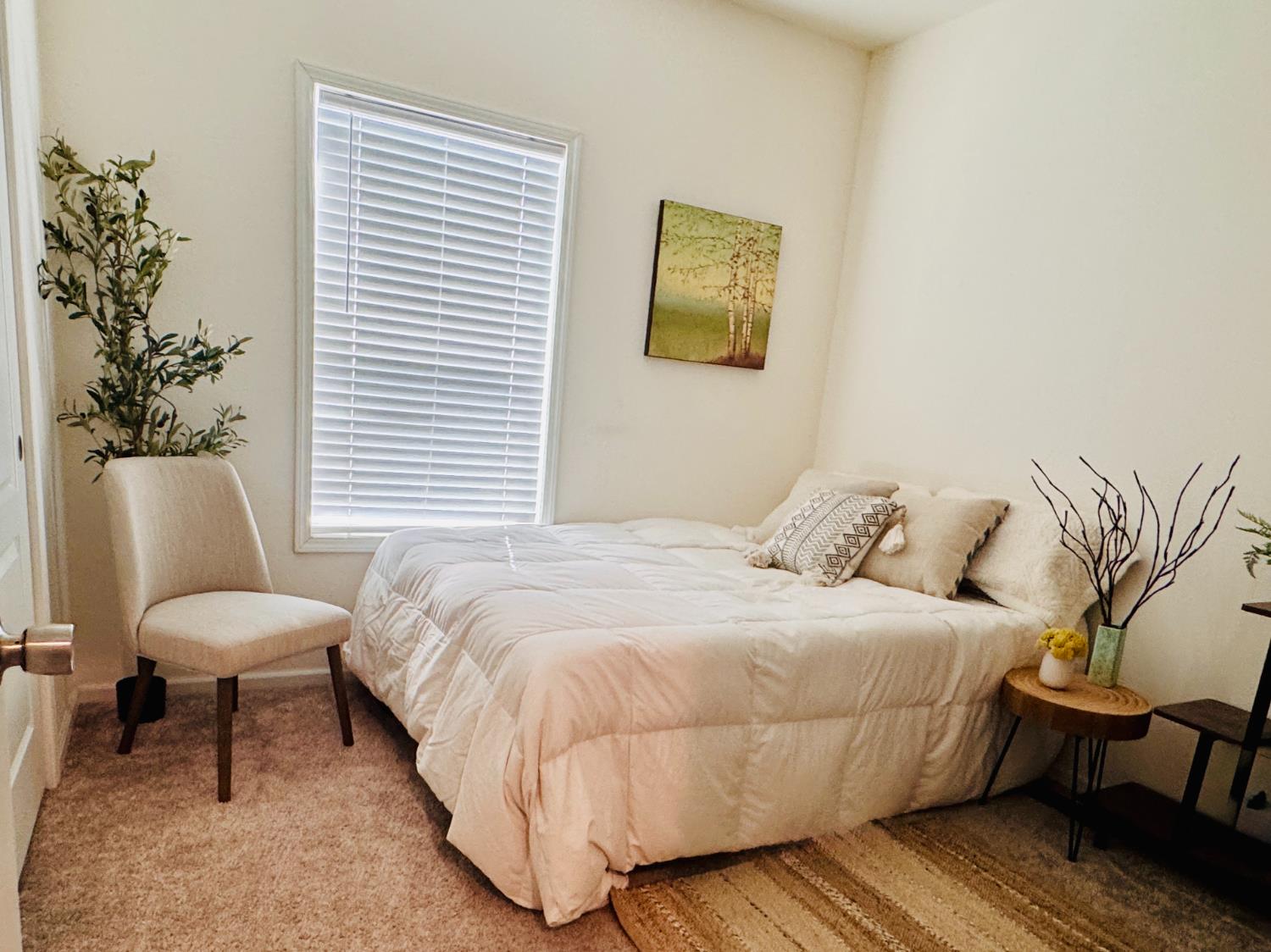 360 East Grant Line Road, Unit 16 Tracy, CA 95376 - Photo 9 of 36 Bedroom featuring plush carpet flooring, a single window with horizontal blinds, and neutral-toned wall paint
