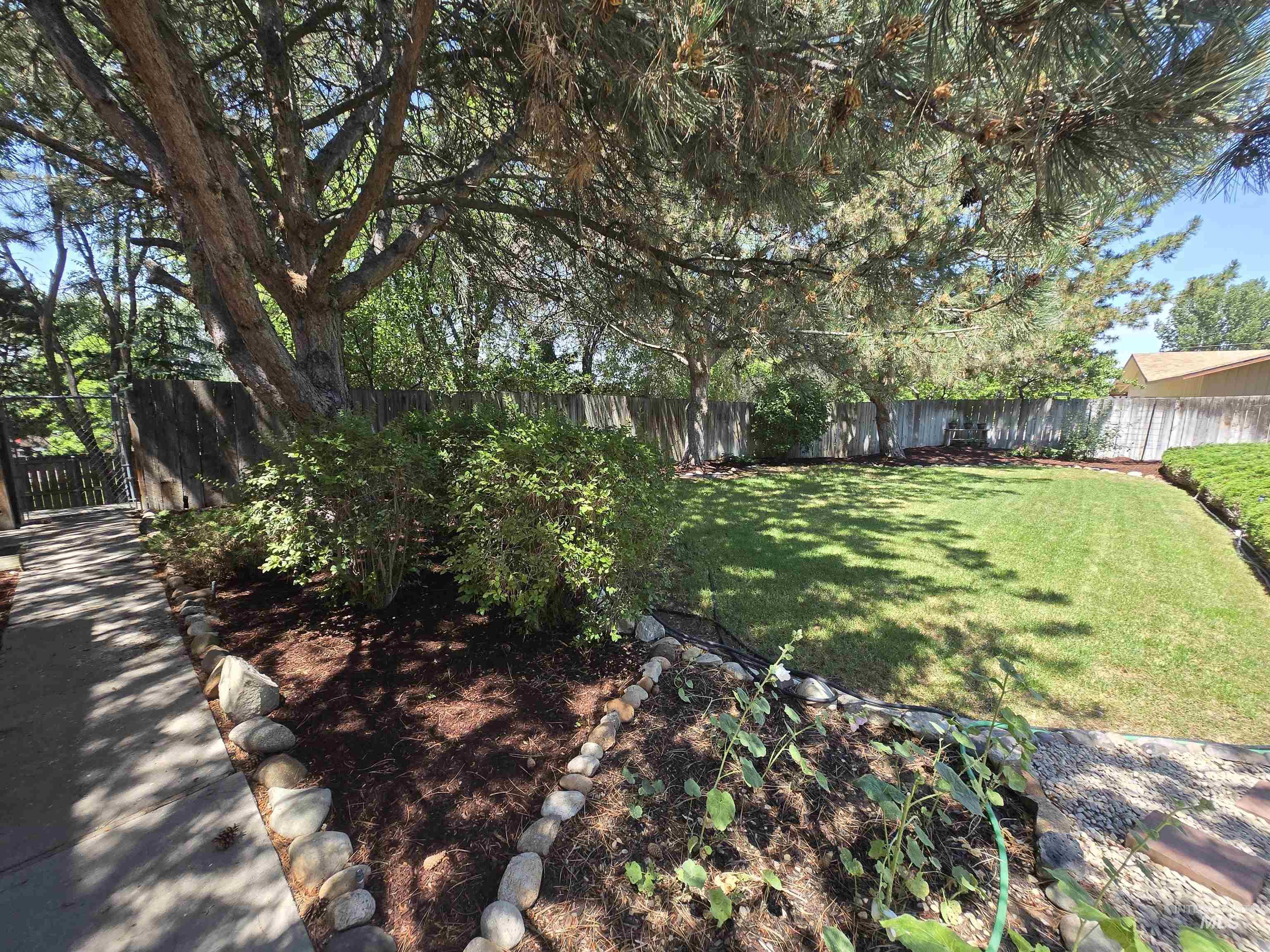 12050 West Hidden Valley Rim Road Boise, ID 83709 - Photo 36 of 39 Expansive backyard featuring a lush lawn, mature trees providing natural shade, and established shrubbery