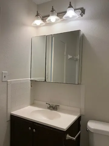 a bathroom with a sink vanity and toilet
