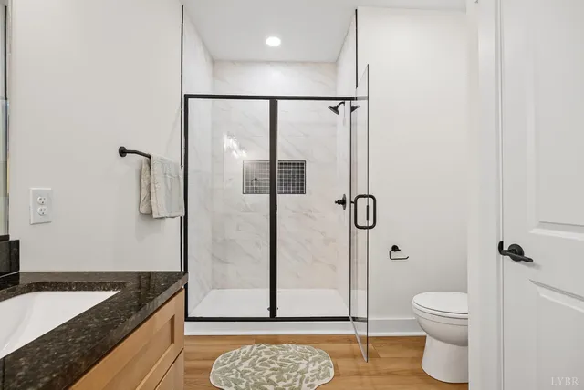 a bathroom with a granite countertop sink a toilet and shower