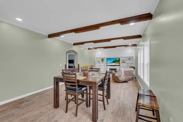 a view of a dining room with furniture