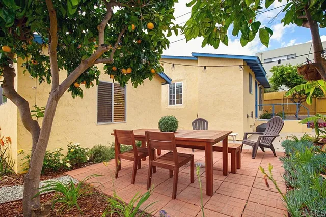a view of backyard of house with seating space