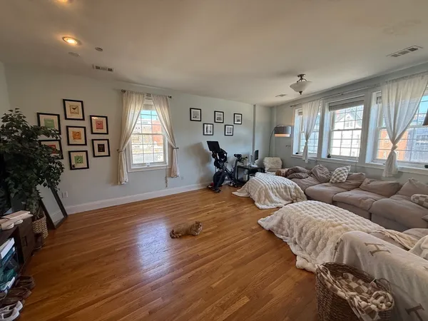 a bedroom with two beds and a potted plant