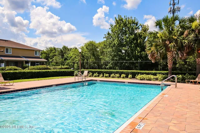 a view of swimming pool with lawn chairs and plants