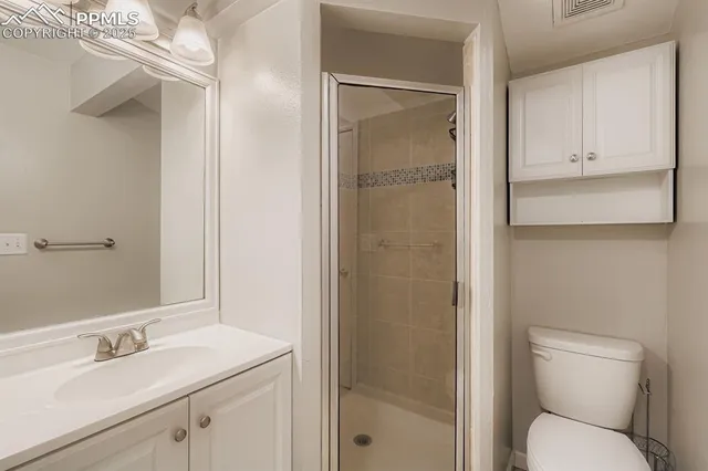 a bathroom with a toilet sink vanity and shower