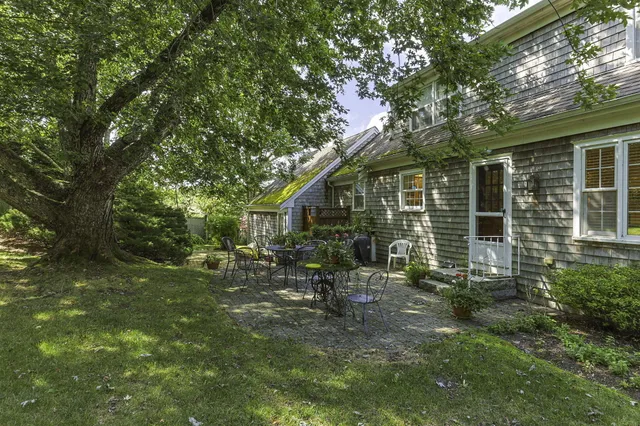 a view of backyard with table and chairs and potted plants