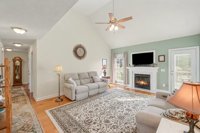 a living room with furniture a rug and a fireplace