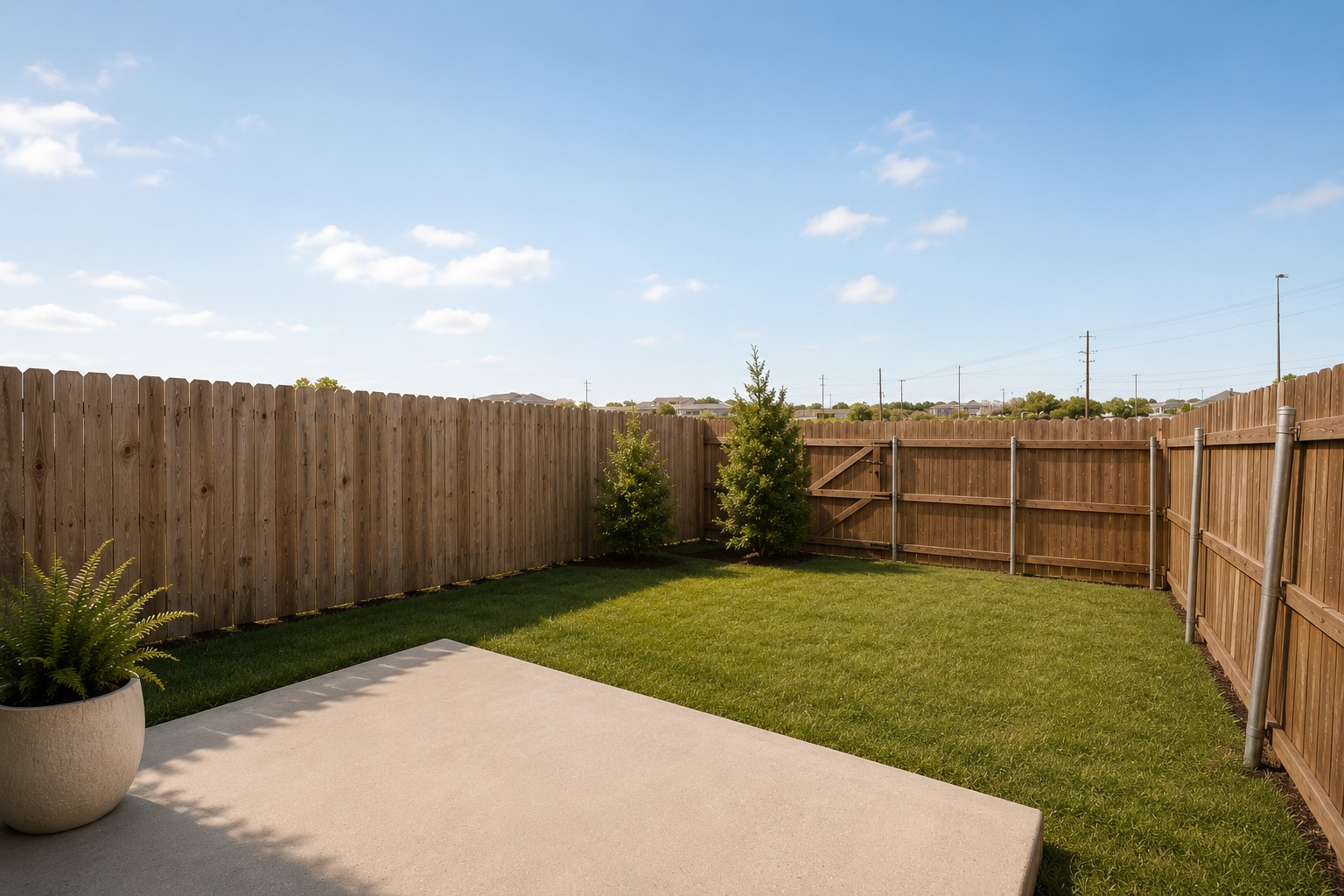 46 Verde Ranch Loop Leander, TX 78641 - Photo 15 of 19 A well-maintained lawn and concrete patio create a perfect backdrop for outdoor enjoyment, enclosed by a private wood fence.